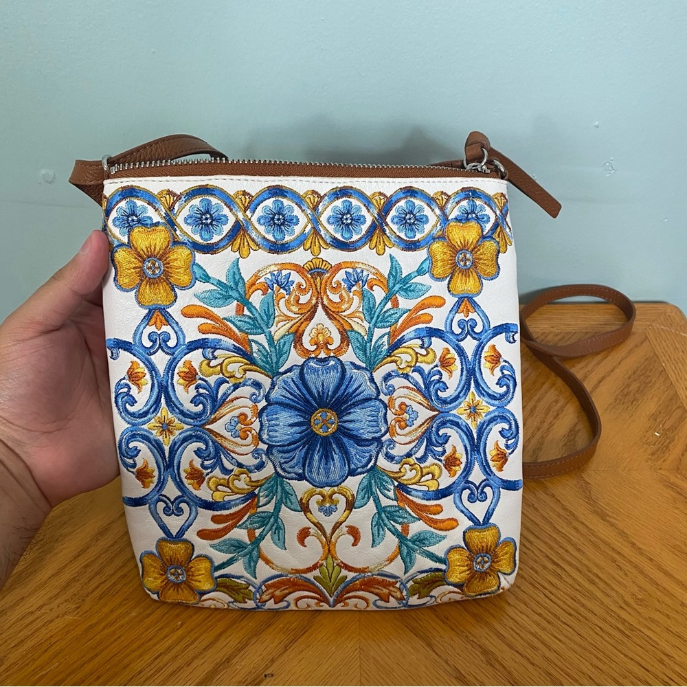 Brighton Bella Limone Flower Floral Embroidered Leather Crossbody Bag Brown